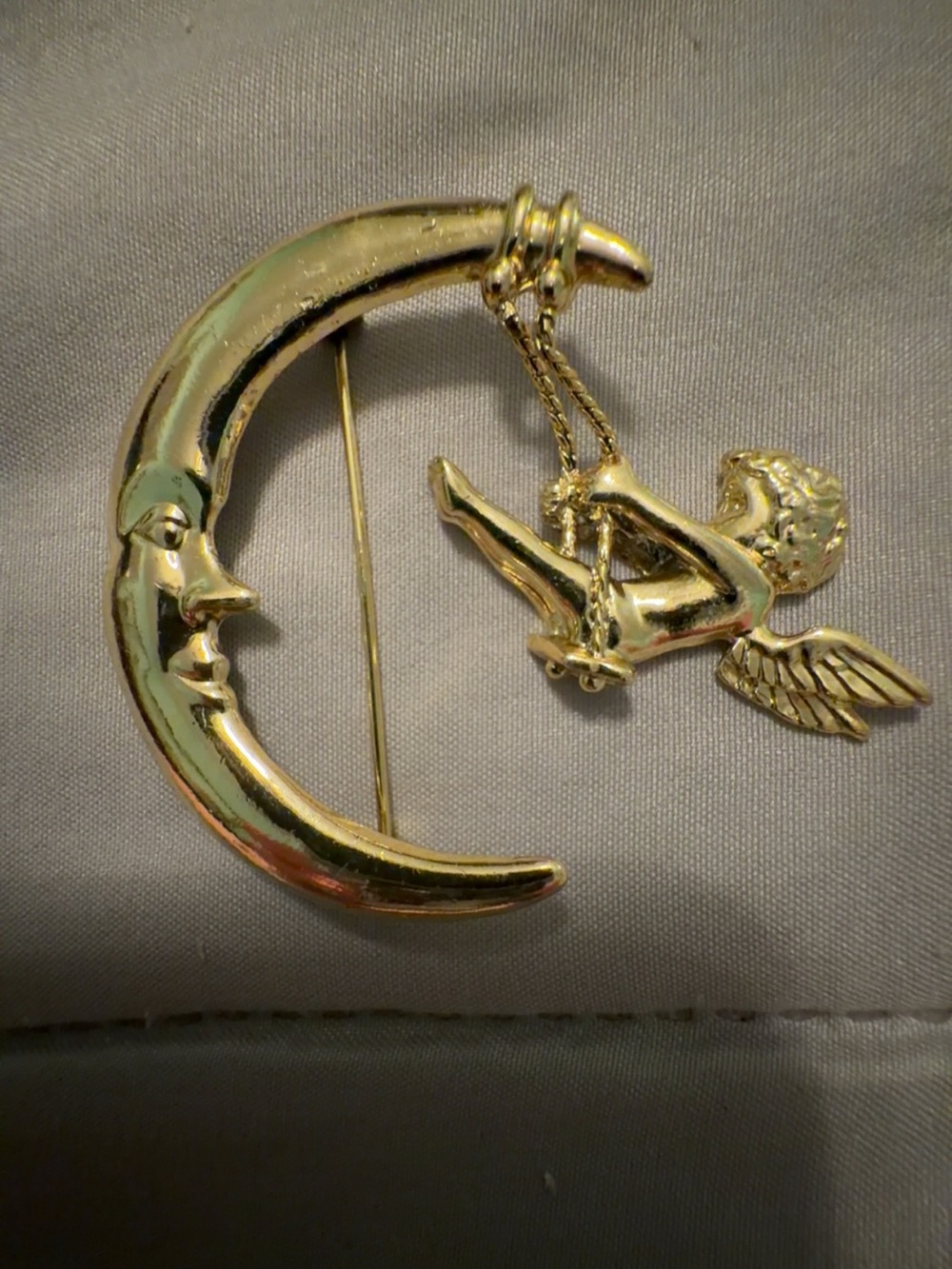 Gold-Tone Crescent Moon & Cherub Swing Pin Brooch